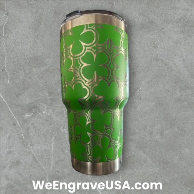 30oz Shamrocks Clover design Laser engraved on Yeti tumbler with magslide lid.