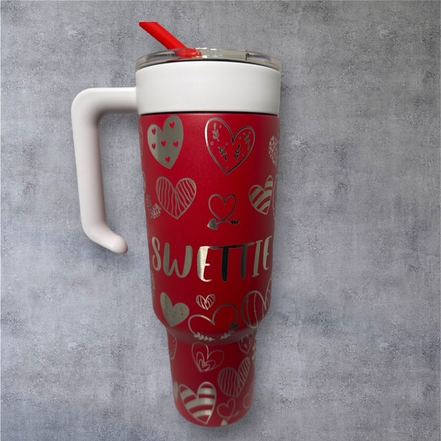VALENTINE CUSTOMIZED - Her/His Name - 40 oz Tumbler With Handle - "Hearts All Over"