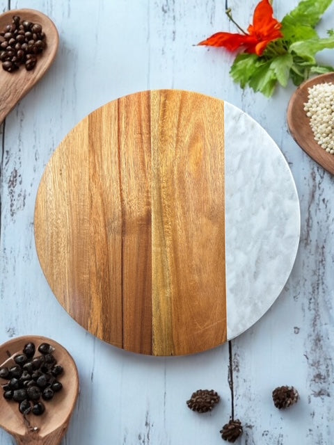 Acacia Wood/Marble Lazy Susan 12'' diameter