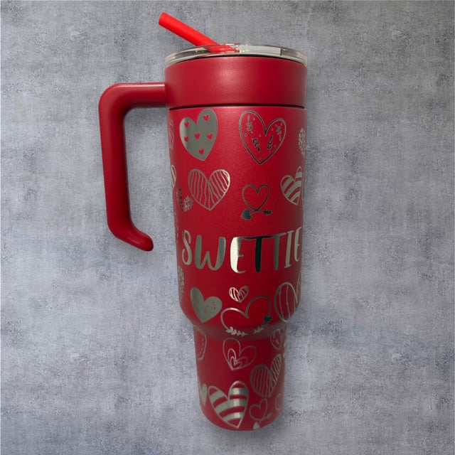 VALENTINE CUSTOMIZED - Her/His Name - 40 oz Tumbler With Handle - "Hearts All Over"