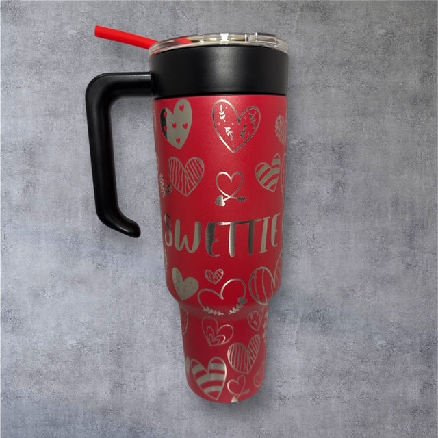 VALENTINE CUSTOMIZED - Her/His Name - 40 oz Tumbler With Handle - "Hearts All Over"