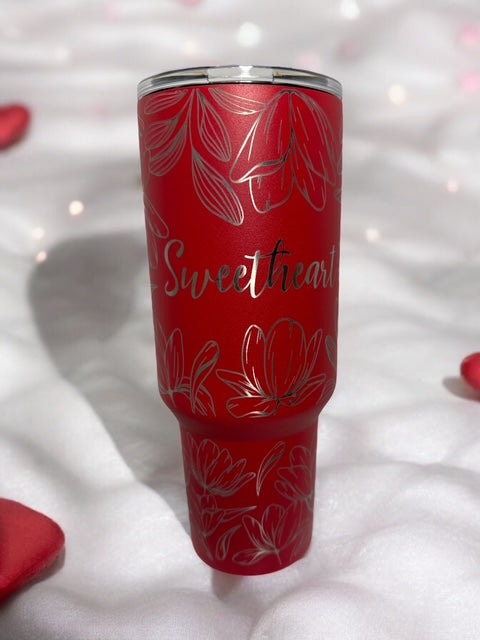 VALENTINE CUSTOMIZED - Her/His name - 40 oz Tumbler With Handle - "Floral Top to Bottom"