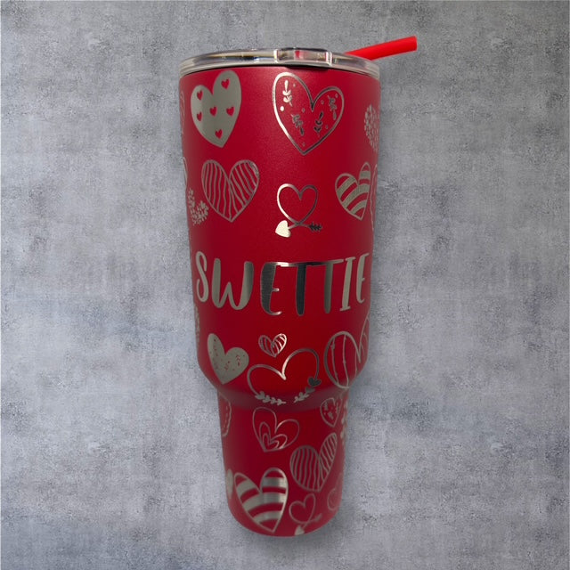 VALENTINE CUSTOMIZED - Her/His Name - 40 oz Tumbler With Handle - "Hearts All Over"