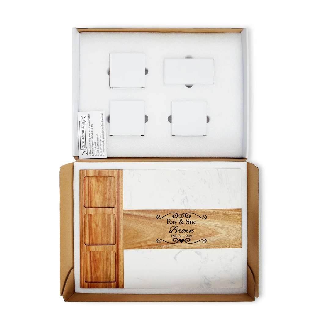 Personalized Charcuterie Board Set – Engraved Marble &amp; Acacia Wood | 11-Piece Gift Set