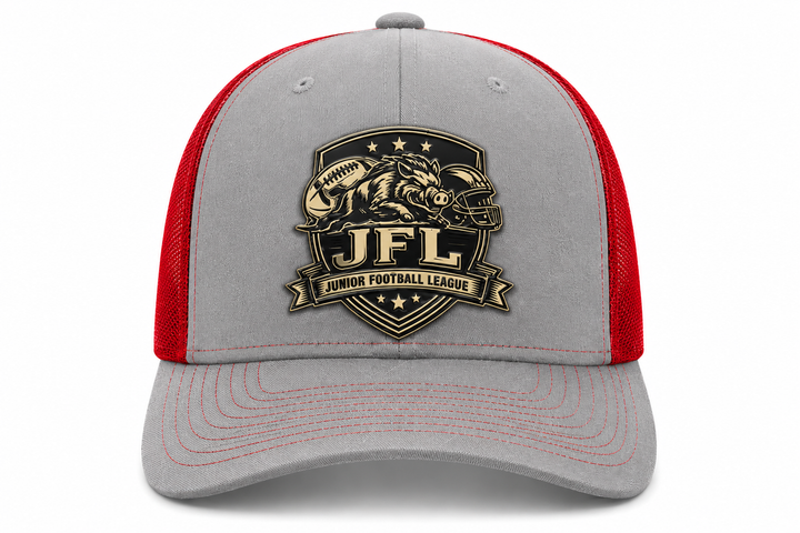 Morton Hogs JFL Hat – Grey/Red Mesh/Blk Bill Leather Patch Mesh Trucker Hats