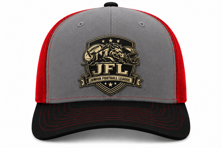 Morton Hogs JFL Hat – Grey/Red Mesh/Blk Bill Leather Patch Mesh Trucker Hats
