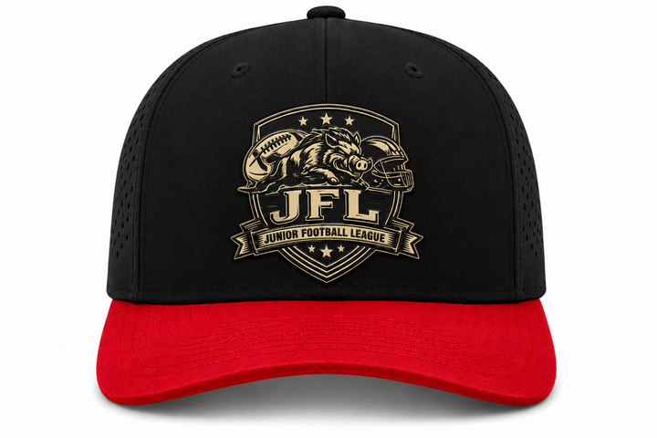Morton Hogs JFL Hat – Grey/Red Mesh/Blk Bill Leather Patch Mesh Trucker Hats