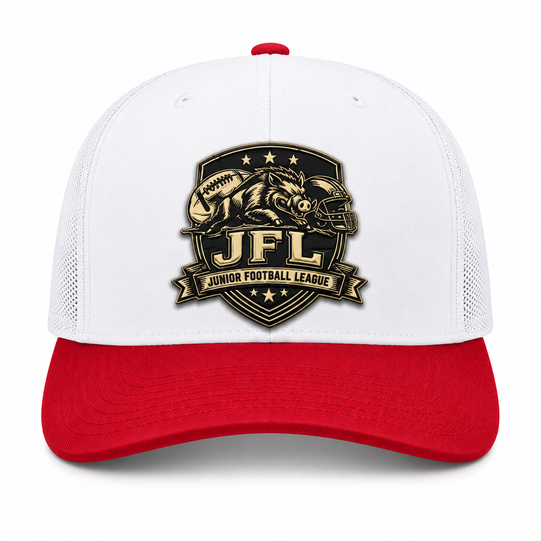 Morton Hogs JFL Hat – Grey/Red Mesh/Blk Bill Leather Patch Mesh Trucker Hats