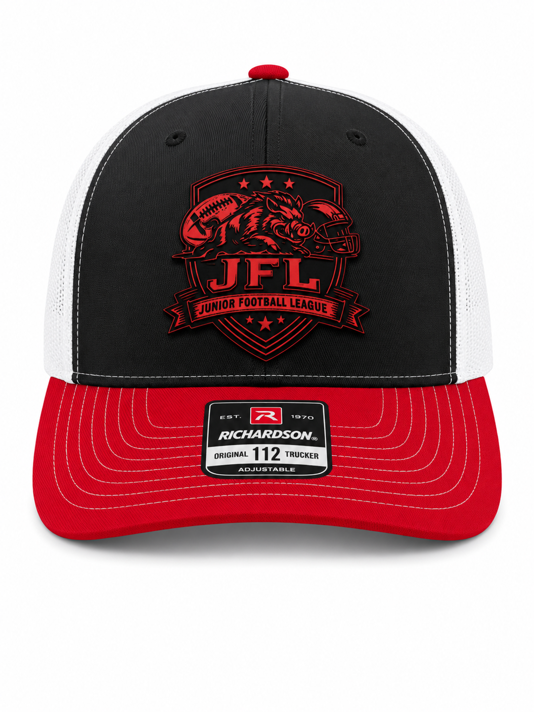 Morton Hogs JFL Hat – Black/White/Red Richardson 112 Engraved Leather Patch
