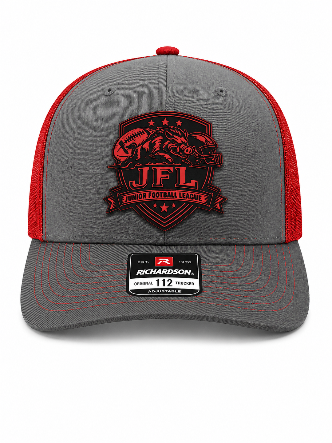Morton Hogs JFL Hat – Charcoal/Red Richardson 112 Engraved Leather Patch