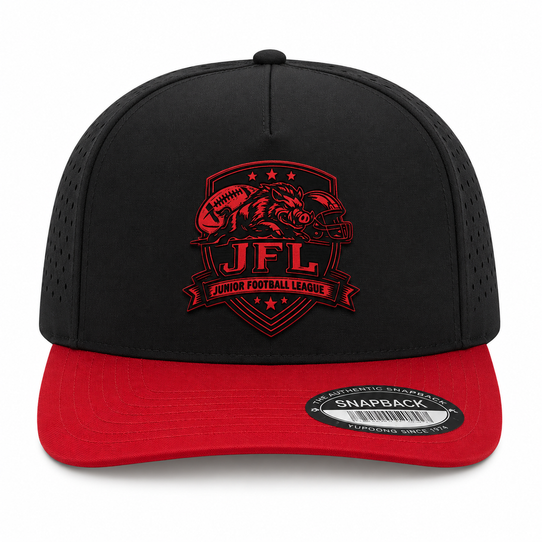 Morton Hogs JFL Hat – Black/Red Yupoong Snapback with Engraved Leather Patch