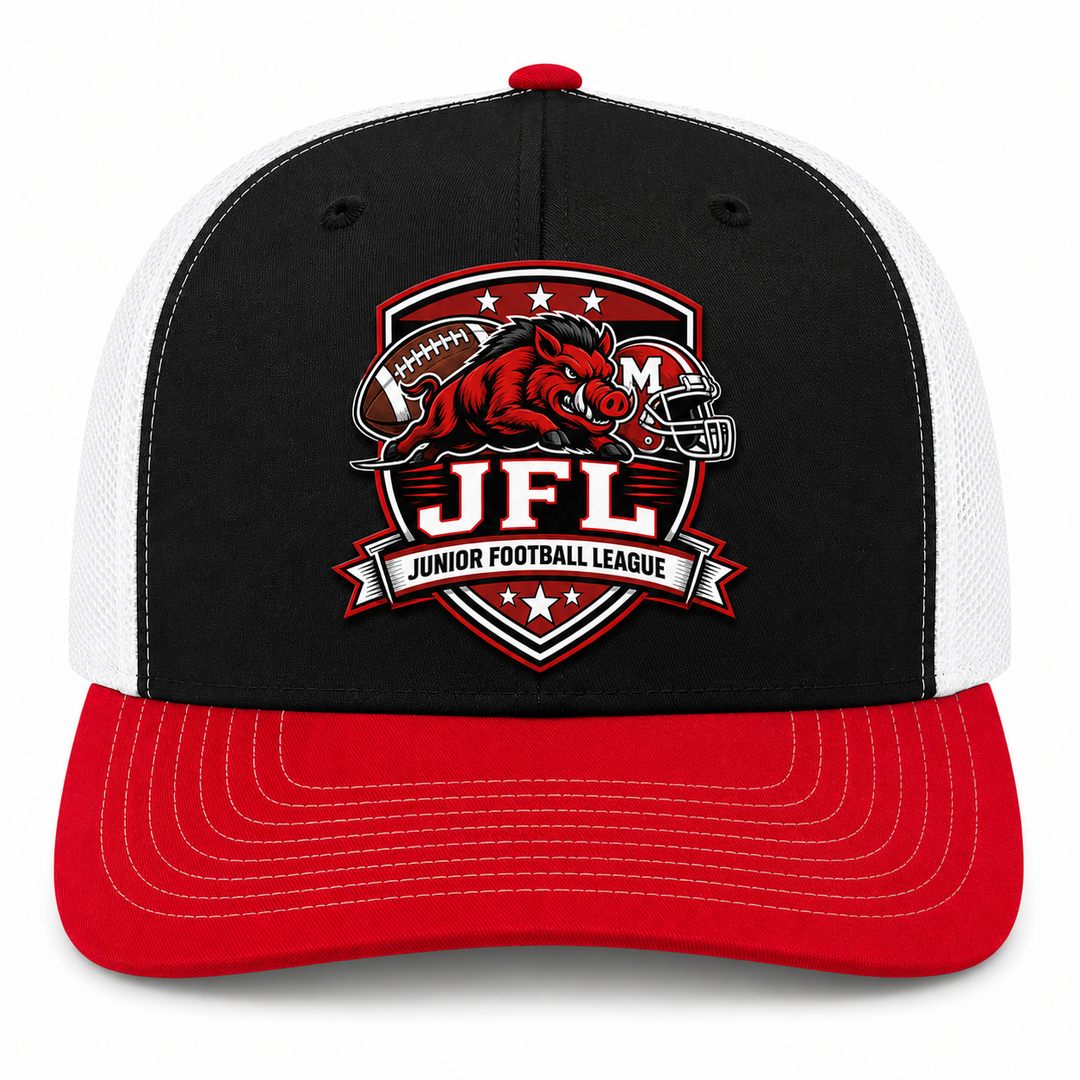 Morton Hogs JFL Hat – Black/White/Red Richardson 112 Printed Color Patch