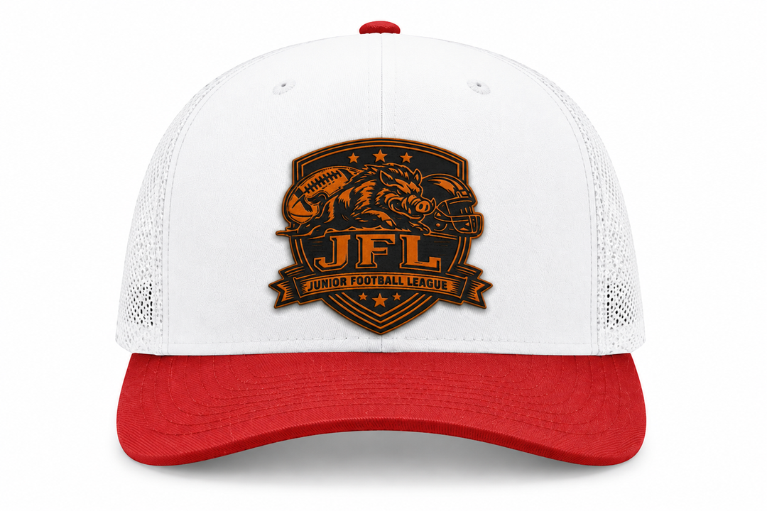 Morton Hogs JFL Hat Gray Red Black Leather Patch Trucker