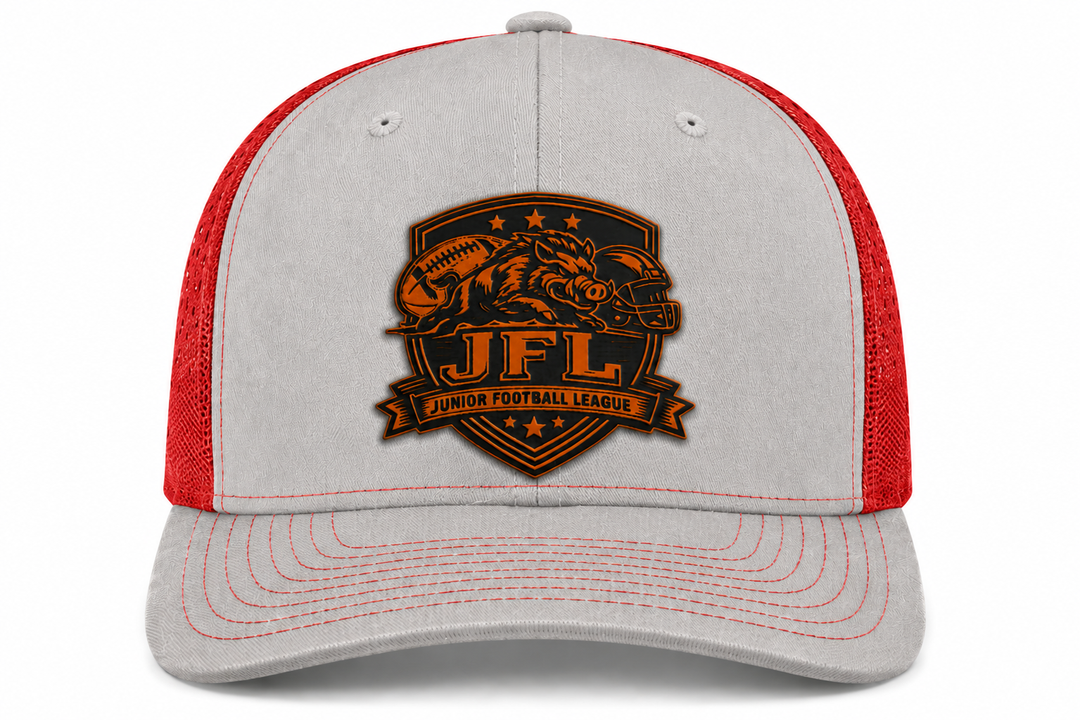 Morton Hogs JFL Hat Black Red Leather Patch Trucker