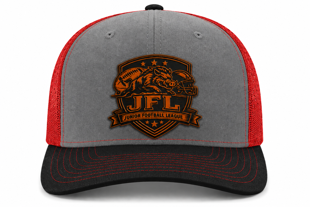 Morton Hogs JFL Hat Gray Red Leather Patch Trucker
