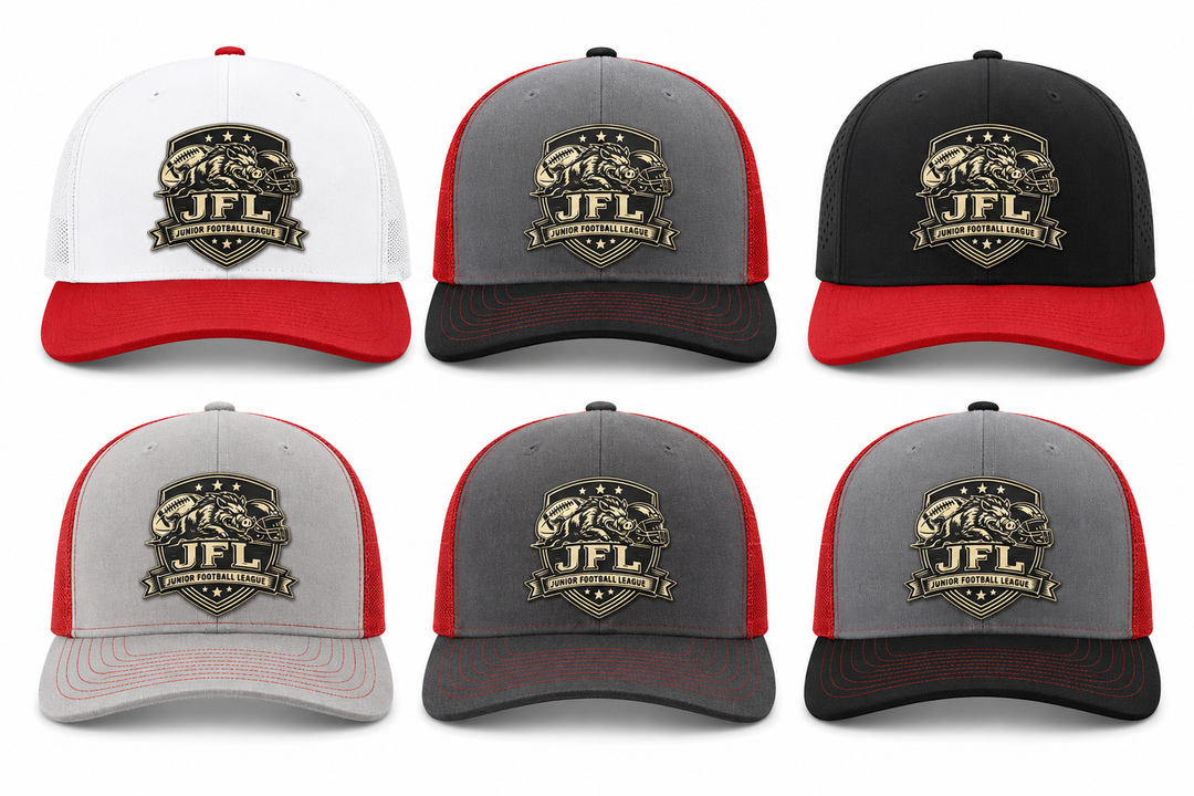 Morton Hogs JFL Hat Gray Red Leather Patch Mesh Trucker