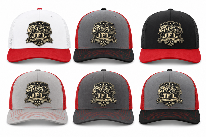Morton Hogs JFL Hat Gray Red Leather Patch Mesh Trucker