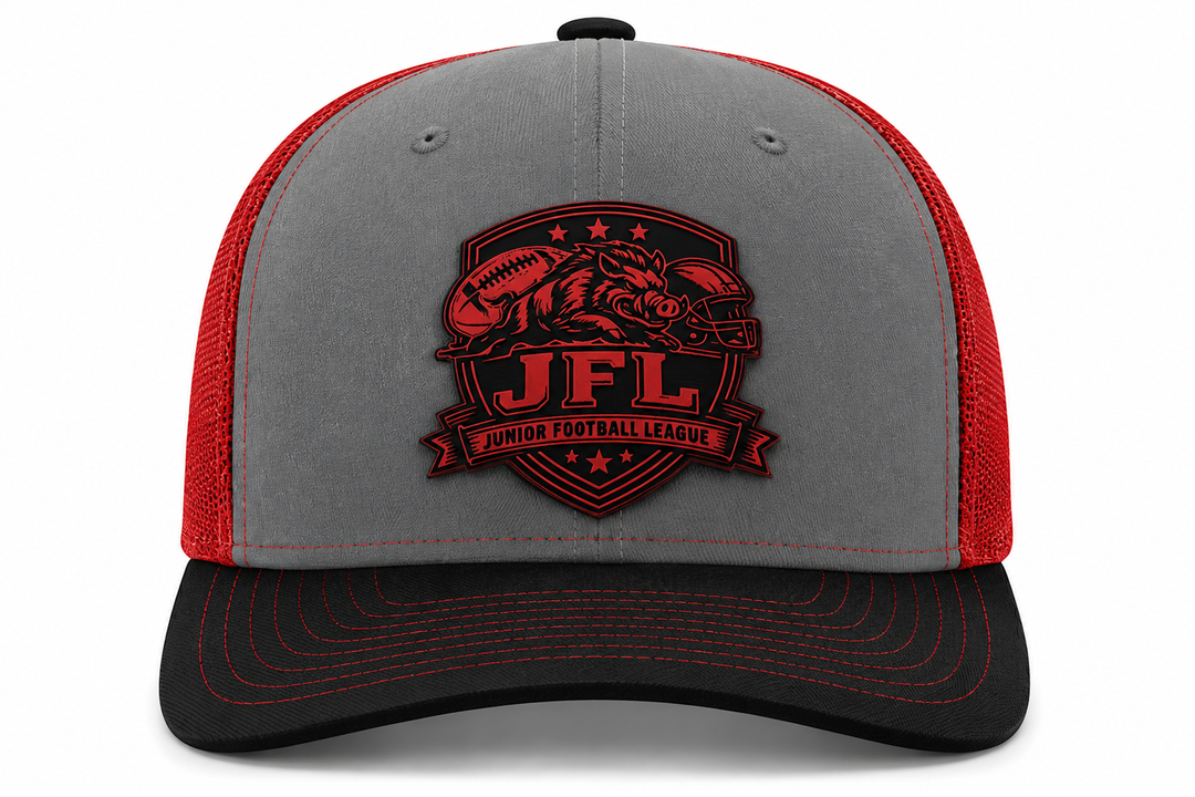 Morton Hogs JFL Hat – Gray/Red/Black Richardson 112 Engraved Leather Patch