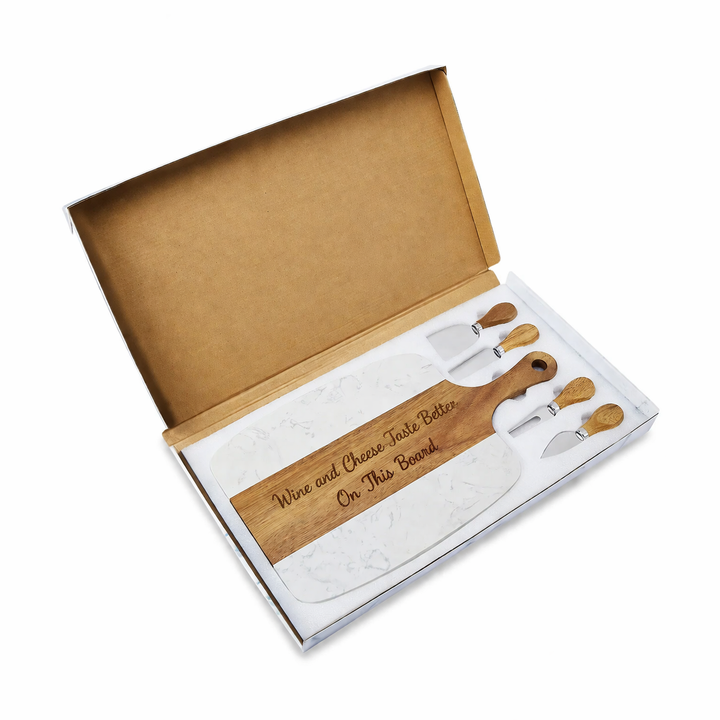 Personalized Engraved Marble &amp; Acacia Serving Board Set – 5-Piece Gift Set