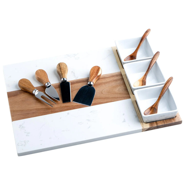 Personalized Charcuterie Board Set – Engraved Marble &amp; Acacia Wood | 11-Piece Gift Set