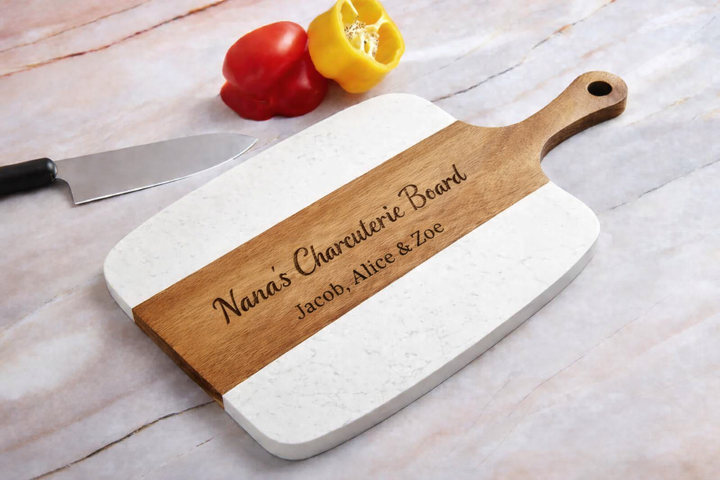 Personalized Engraved Marble &amp; Acacia Serving Board Set – 5-Piece Gift Set
