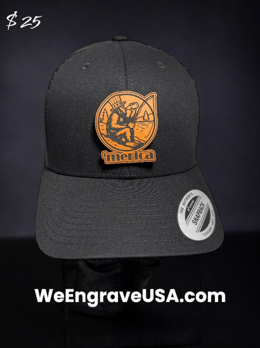 Hat with detailed Sasquatch fishing design hat patch