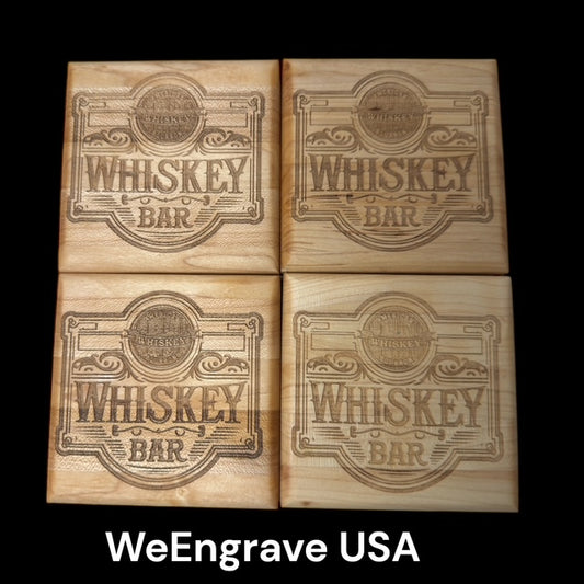 Set (4) Solid Maple Coasters with bottle opener on backside - Whiskey engraved