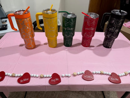 VALENTINE CUSTOMIZED - Her/His name - 40 oz Tumbler With Handle - "Floral Top to Bottom"