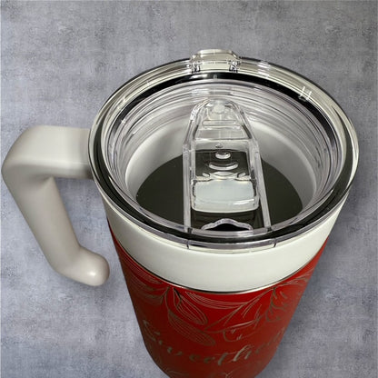 VALENTINE CUSTOMIZED - Her/His name - 40 oz Tumbler With Handle - "Floral Top to Bottom"