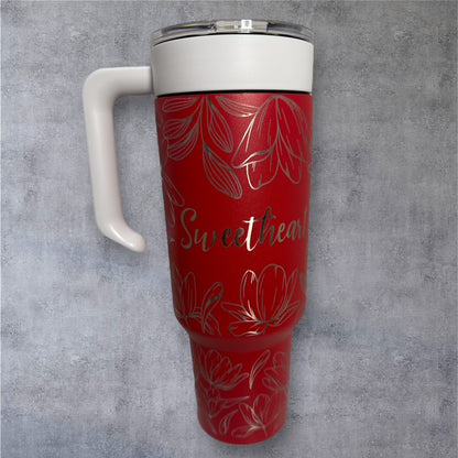 VALENTINE CUSTOMIZED - Her/His name - 40 oz Tumbler With Handle - "Floral Top to Bottom"