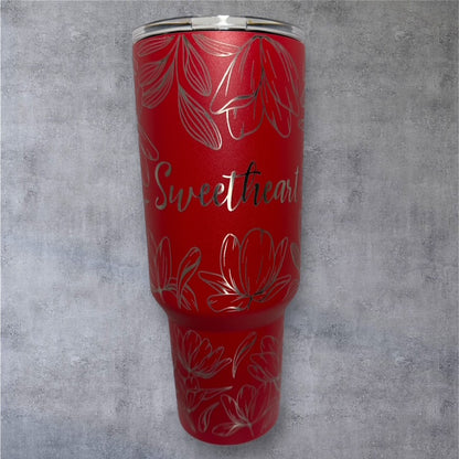 VALENTINE CUSTOMIZED - Her/His name - 40 oz Tumbler With Handle - "Floral Top to Bottom"