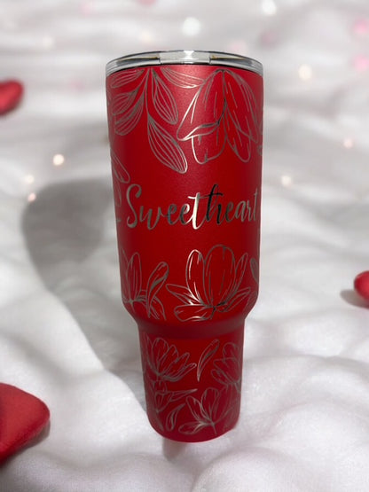 VALENTINE CUSTOMIZED - Her/His name - 40 oz Tumbler With Handle - "Floral Top to Bottom"