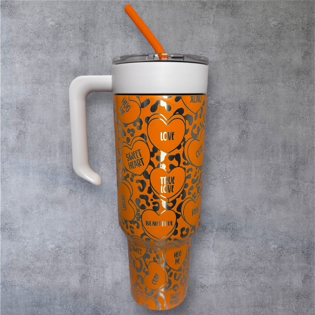VALENTINE 40 oz Tumbler With Handle - "Conversation Hearts"