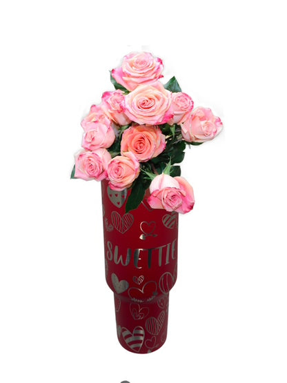 VALENTINE CUSTOMIZED - Her/His name - 40 oz Tumbler With Handle - "Floral Top to Bottom"