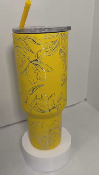 VALENTINE CUSTOMIZED - Her/His name - 40 oz Tumbler With Handle - "Floral Top to Bottom"