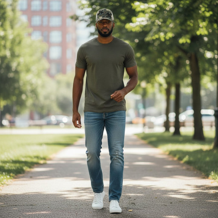 WeEngrave USA low-profile trucker hat with camo front panel and grey mesh back. Comfortable, breathable, and versatile for casual wear.