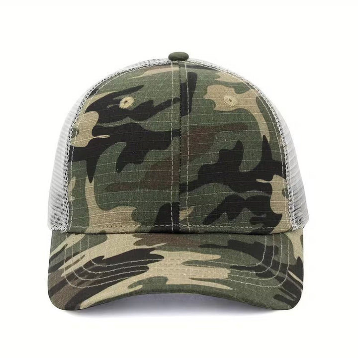 WeEngrave USA low-profile trucker hat with camo front panel and grey mesh back.