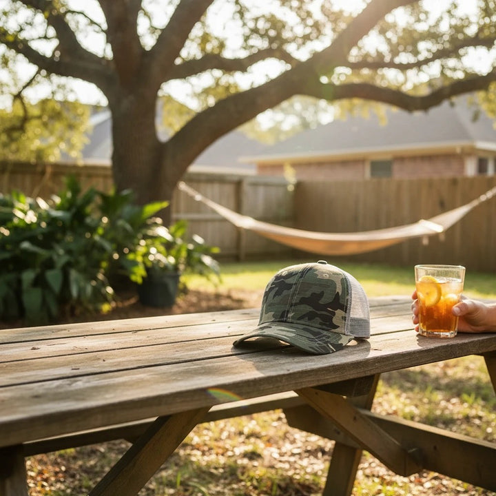 WeEngrave USA low-profile trucker hat with camo front panel and grey mesh back, resting on a wooden picnic table.