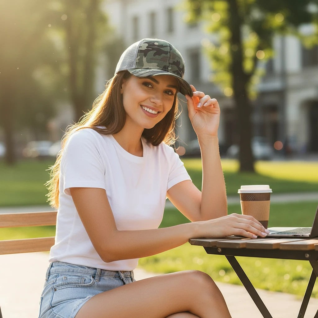 WeEngrave USA low-profile trucker hat with camo front panel and grey mesh back, worn by a smiling woman outdoors.