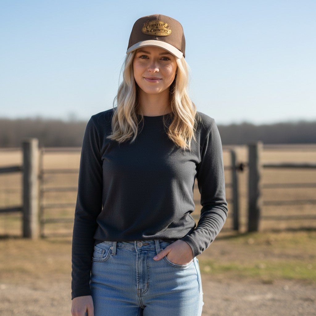WeEngrave USA brown and tan Richardson 112 trucker hat with engraved leather patch featuring "CornFed &amp; Country" text, corn, and a cow.