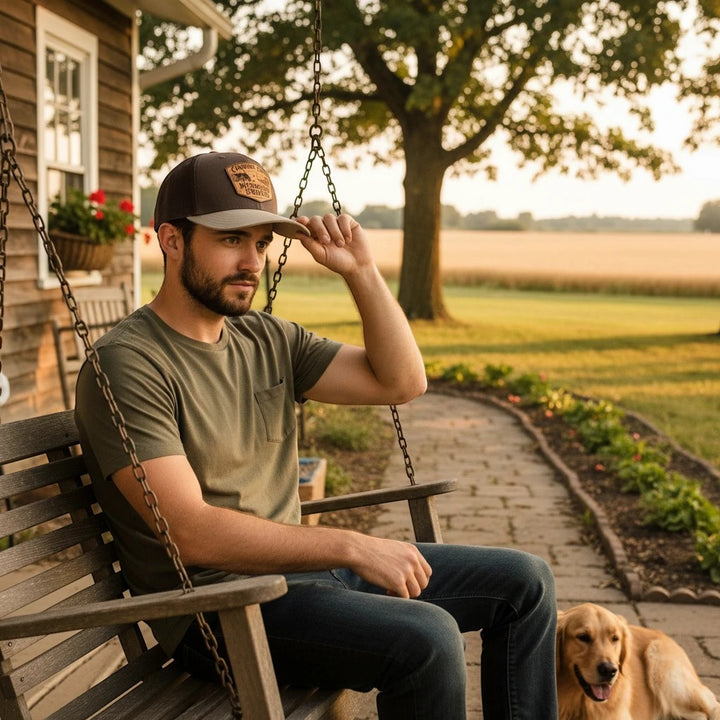 WeEngrave USA brown and tan Richardson 112 trucker hat with engraved leather patch featuring "Country Loud | MidWest Proud" text.