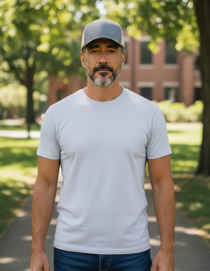WeEngrave USA Richardson 112 trucker hat in heather grey, birch, and army olive with adjustable snapback and cotton sweatband.