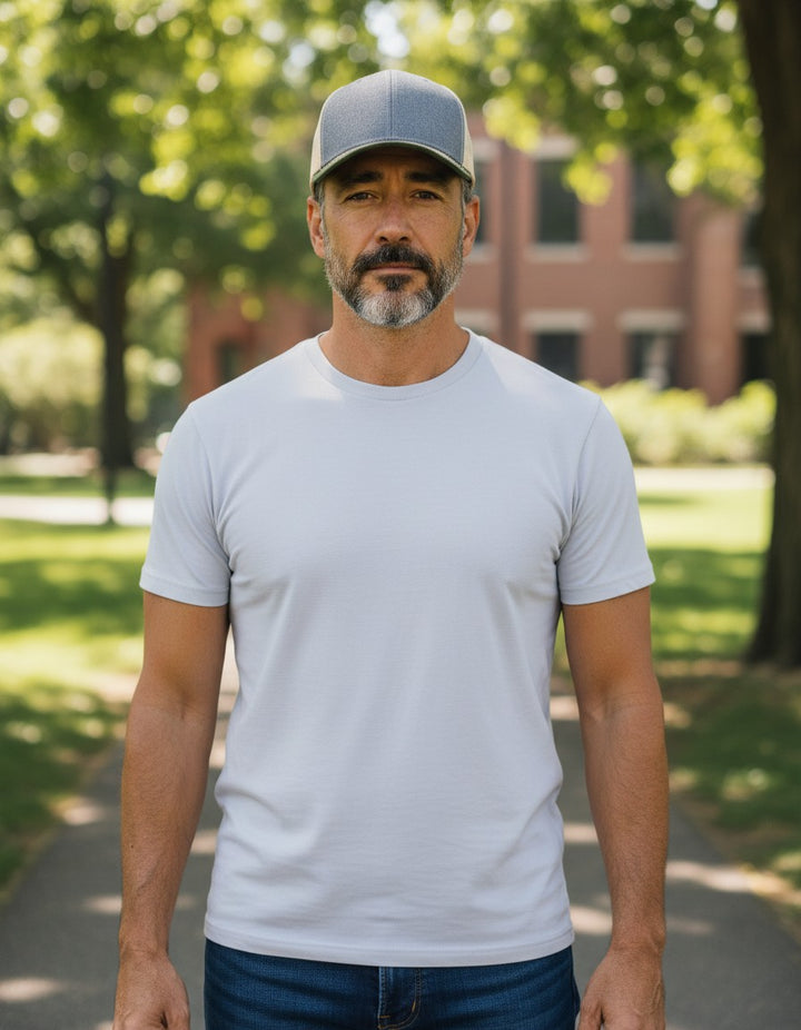 WeEngrave USA Richardson 112 trucker hat in heather grey, birch, and army olive with adjustable snapback and cotton sweatband.