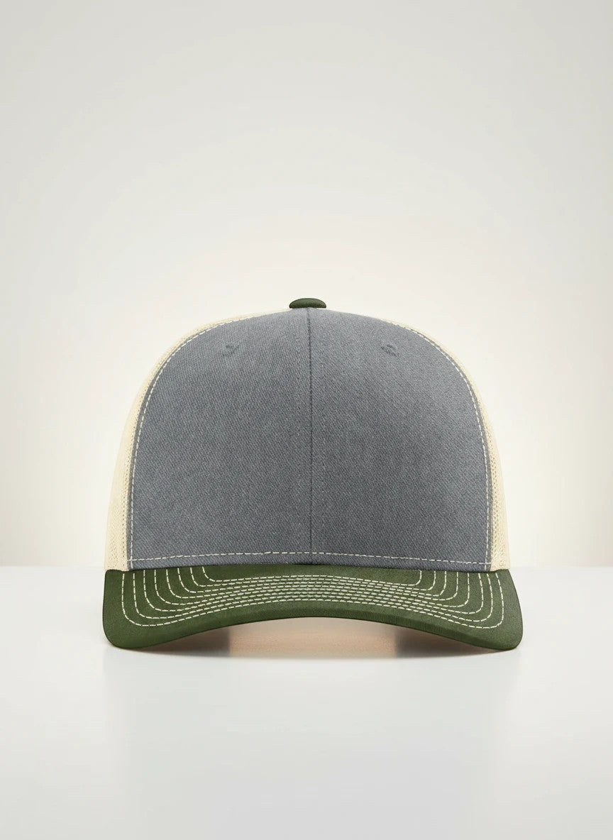 WeEngrave USA Richardson 112 trucker hat in heather grey, birch, and army olive with adjustable snapback and cotton sweatband.