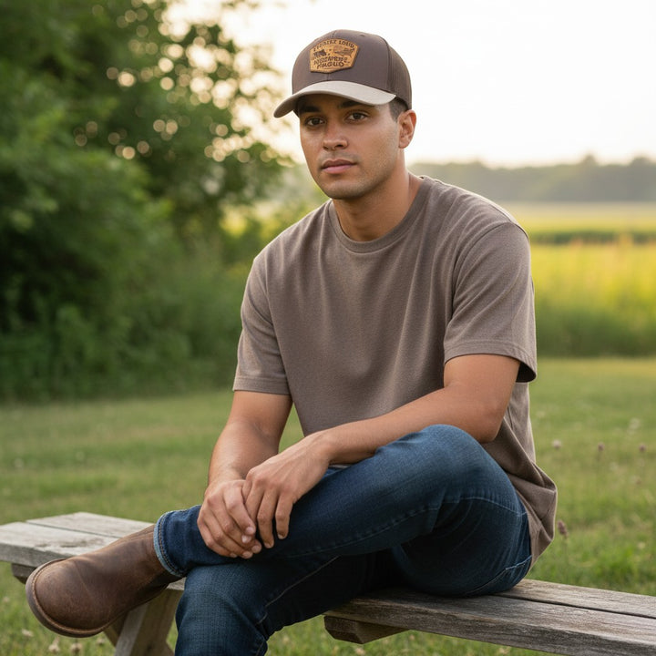 WeEngrave USA brown and tan Richardson 112 trucker hat with engraved leather patch featuring a tractor, American flag, and "Country Loud Midwest Proud" text.