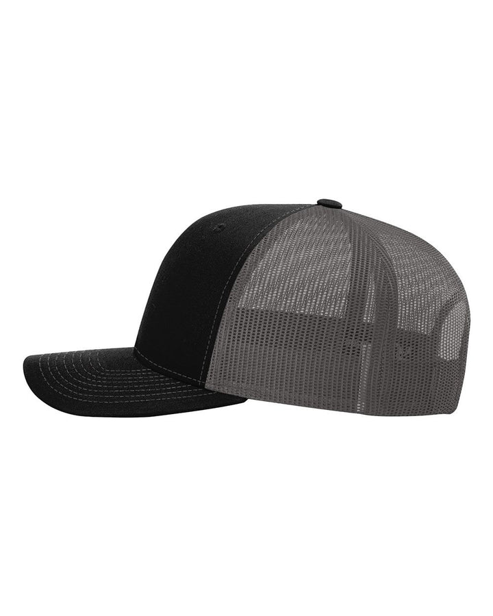 WeEngrave USA black and charcoal trucker hat with a structured front and mesh back. Features a pre-curved bill and snapback closure.