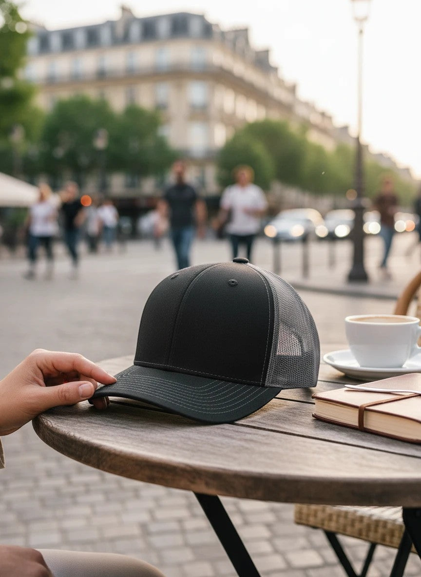 WeEngrave USA black and charcoal trucker hat with a structured front and mesh back, pre-curved bill, and adjustable snapback.