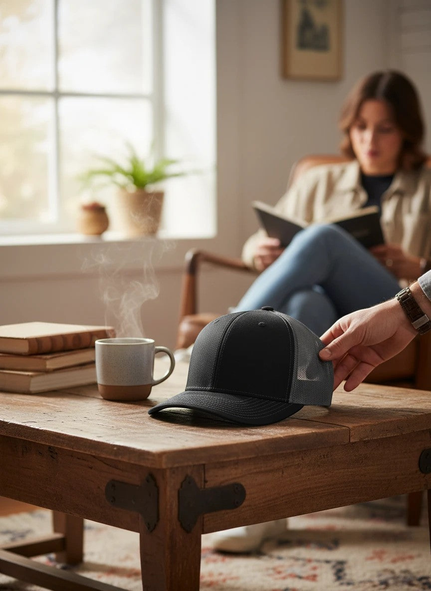 WeEngrave USA black and charcoal trucker hat with polyester mesh back and pre-curved bill.