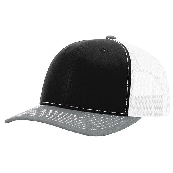 WeEngrave USA black, white, and heather grey trucker hat with a pre-curved bill and adjustable snapback closure.