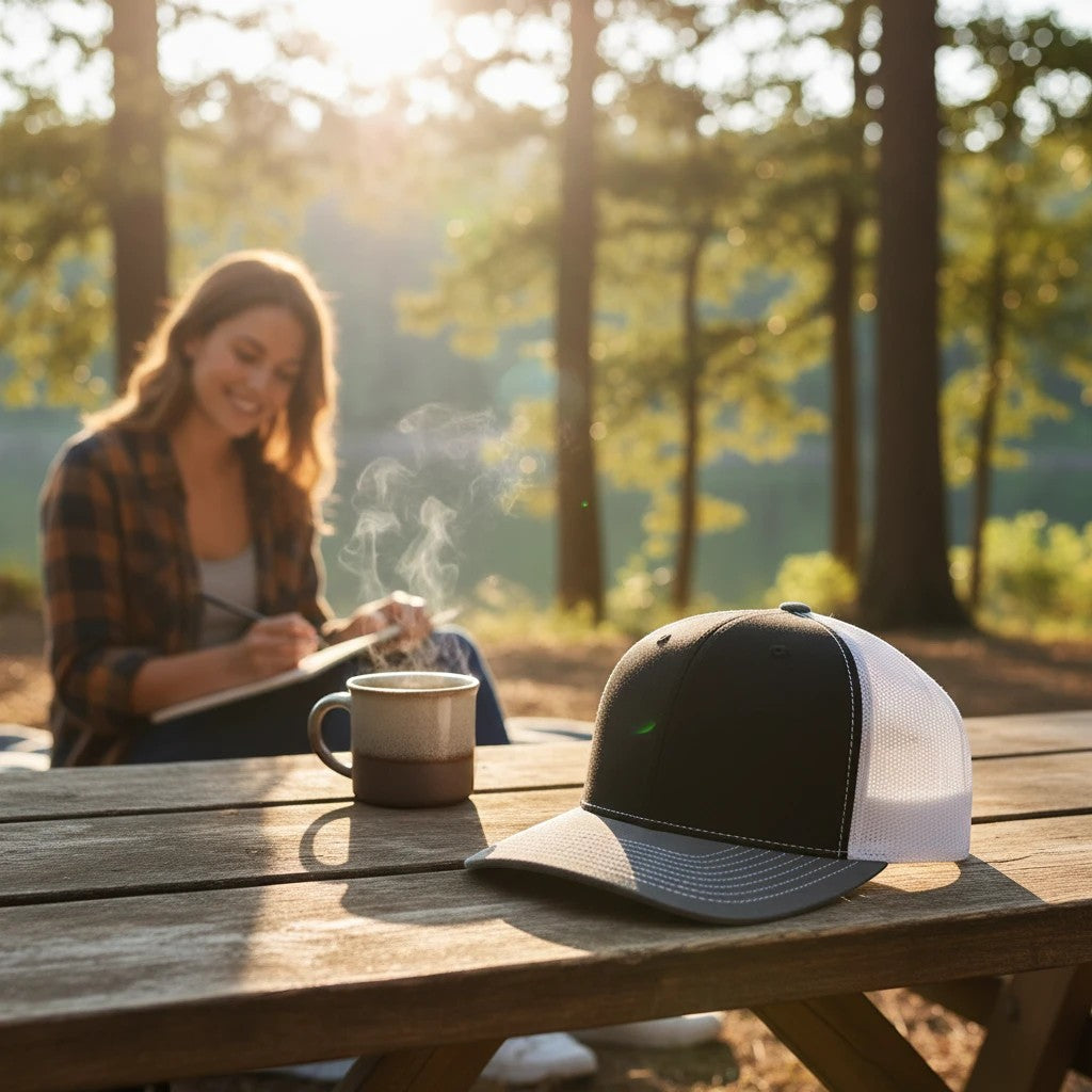 WeEngrave USA black, white, and heather grey trucker hat with a pre-curved bill and adjustable snapback, shown on a picnic table.